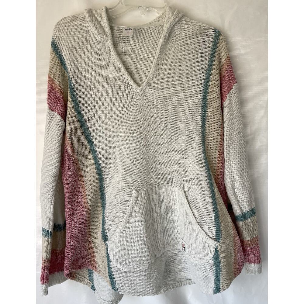 Buc-ee's Hoodie Sweater M White Pastel Striped Baja Kangaroo Pullover Boho